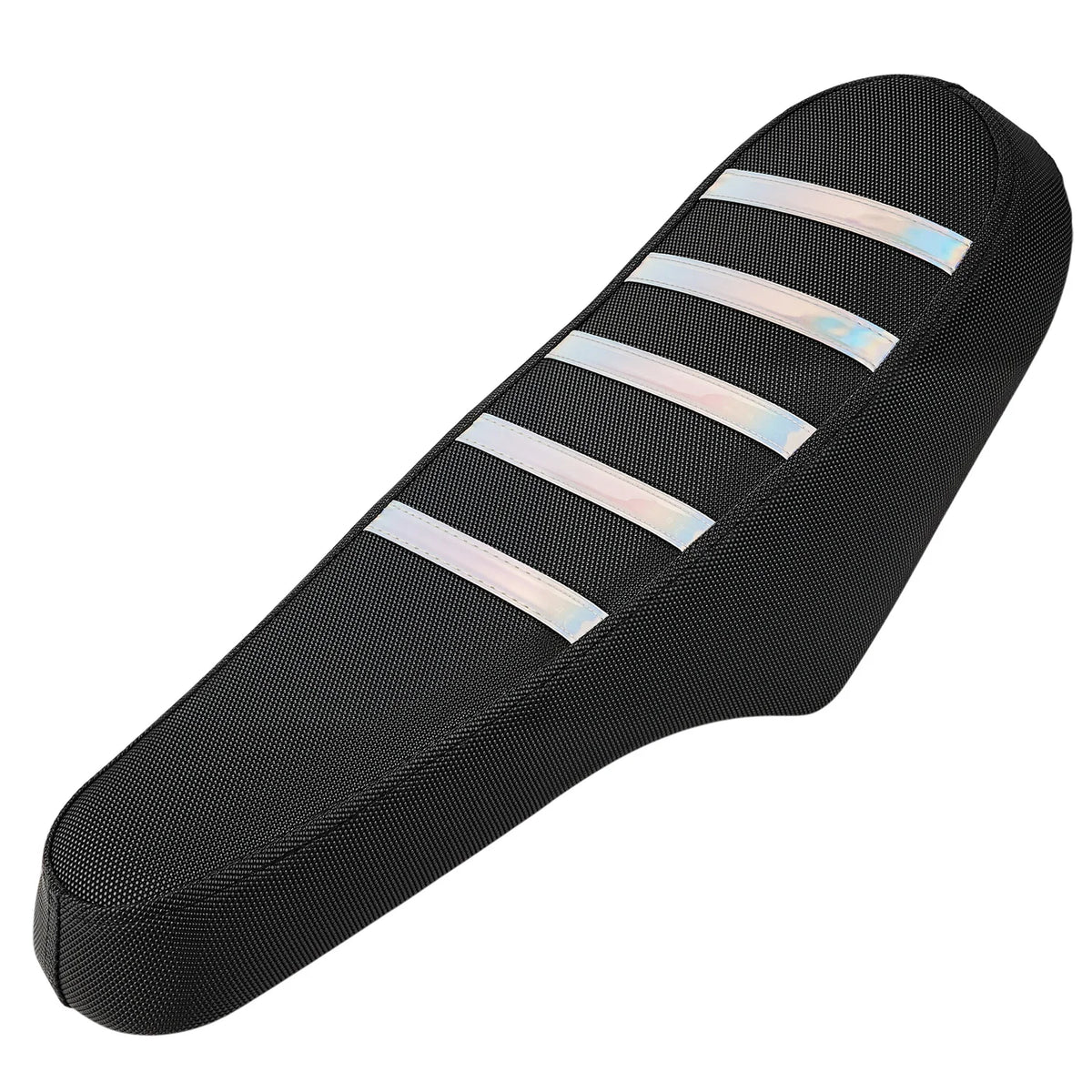 Black motorcycle seat cover with silver anti-slip particles and textured surface