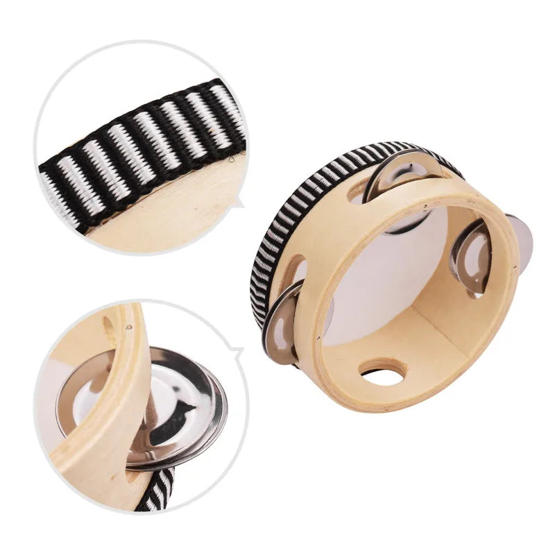 Compact Wooden Hand Tambourine with Metal Jingles