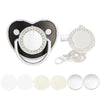 A sparkling rhinestone pacifier with a clip and multiple silicone nipples shown next to the main product.