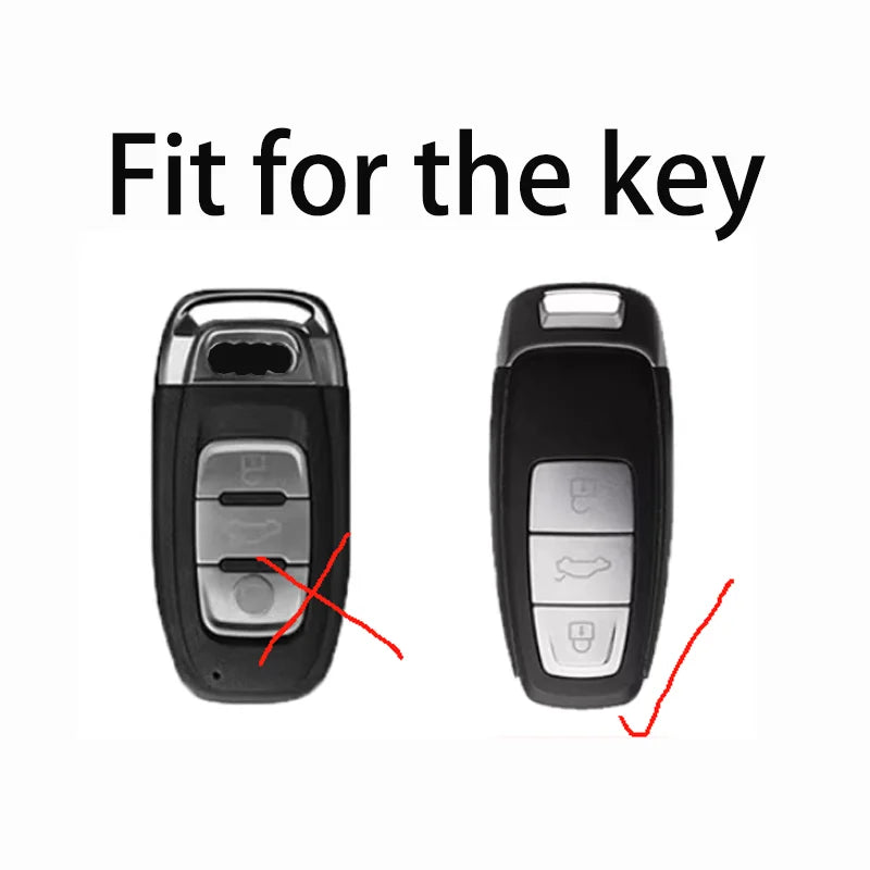 A black Audi key fob cover with a titanium gray leather case, showing the fit for the key.