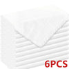 A stack of six white raw-edge polyester cloth napkins viewed from above.