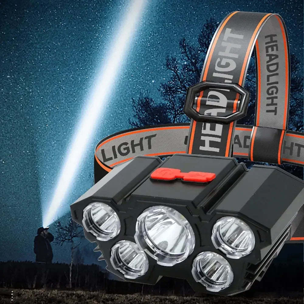 A black rechargeable headlamp with five LED lights and an orange adjustable strap is shown against a dark, starry background.