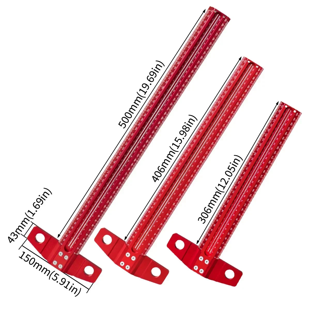A set of precision aluminum alloy T-rulers for woodworking marking, showing various lengths and dimensions.