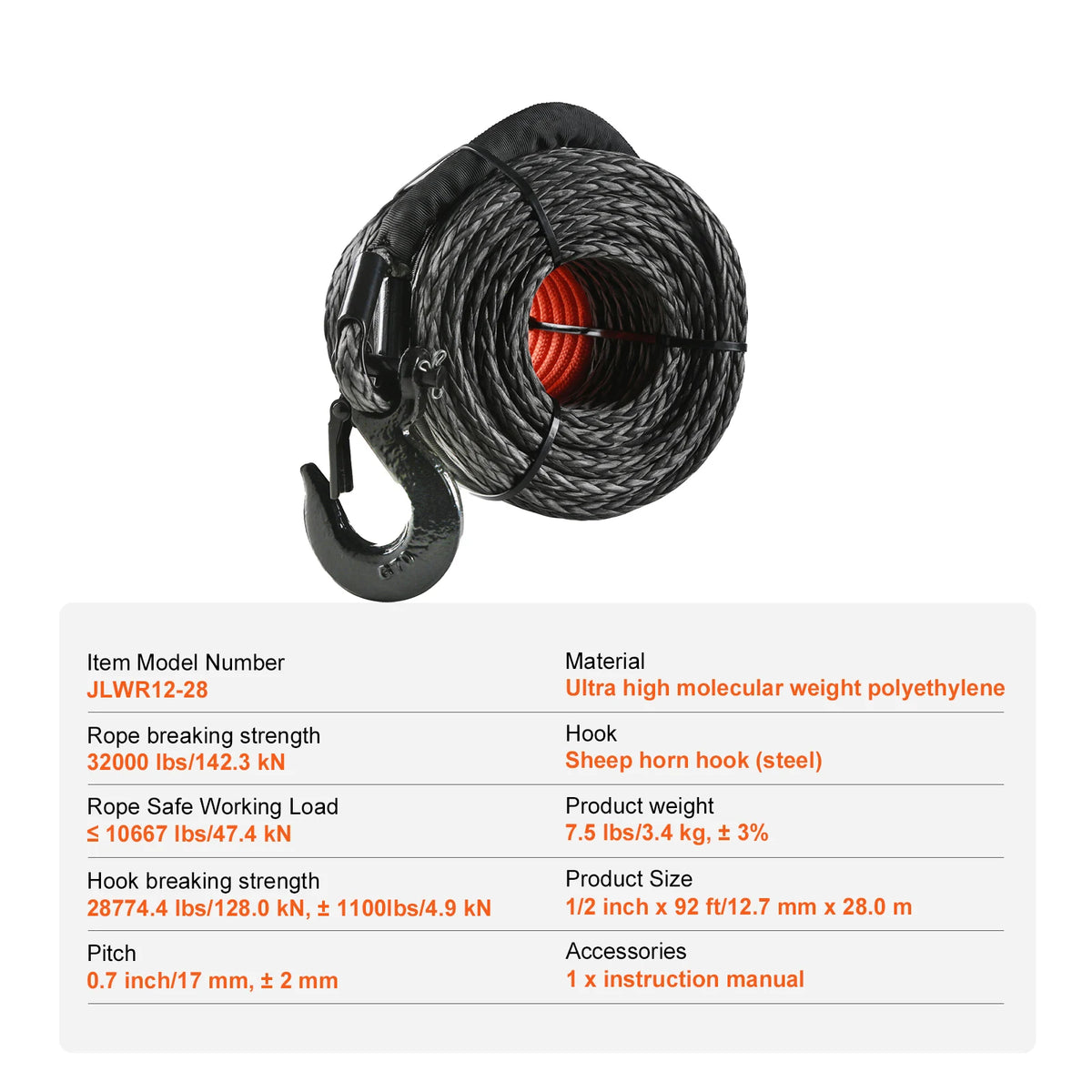 A coiled black synthetic winch rope with a forged hook is shown against a white background.