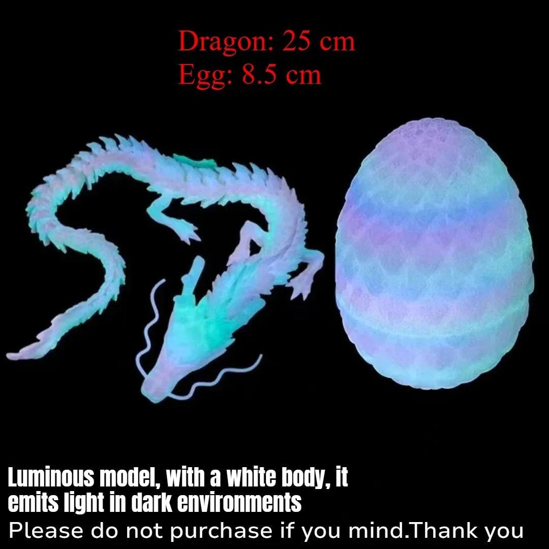 A translucent, articulated dragon figurine with a glowing egg, emitting light in dark environments.
