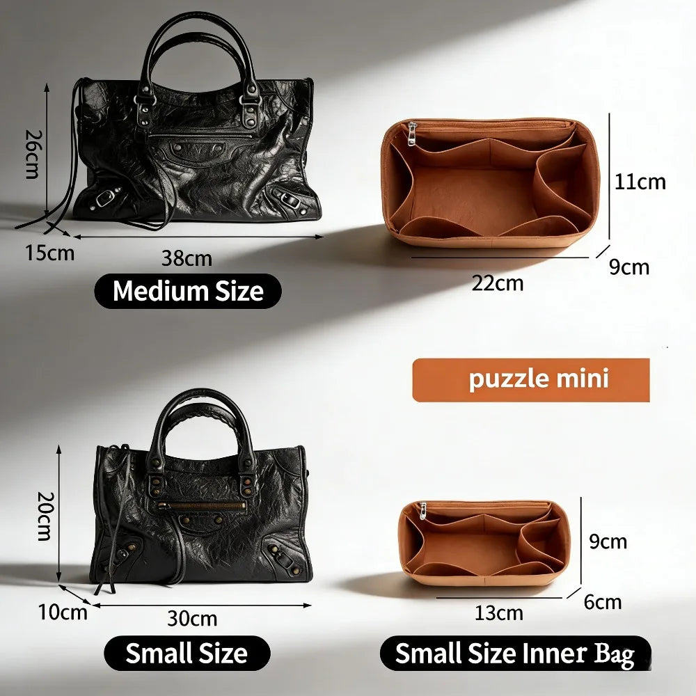 Comparison of a large black leather bag and a small brown felt organizer insert.