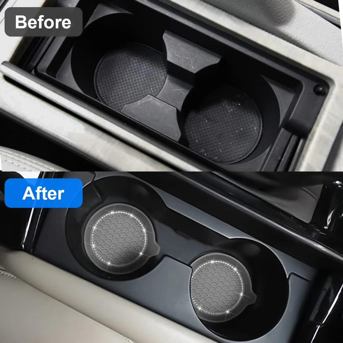 Before and after comparison of a silicone car cup holder product showing improved grip