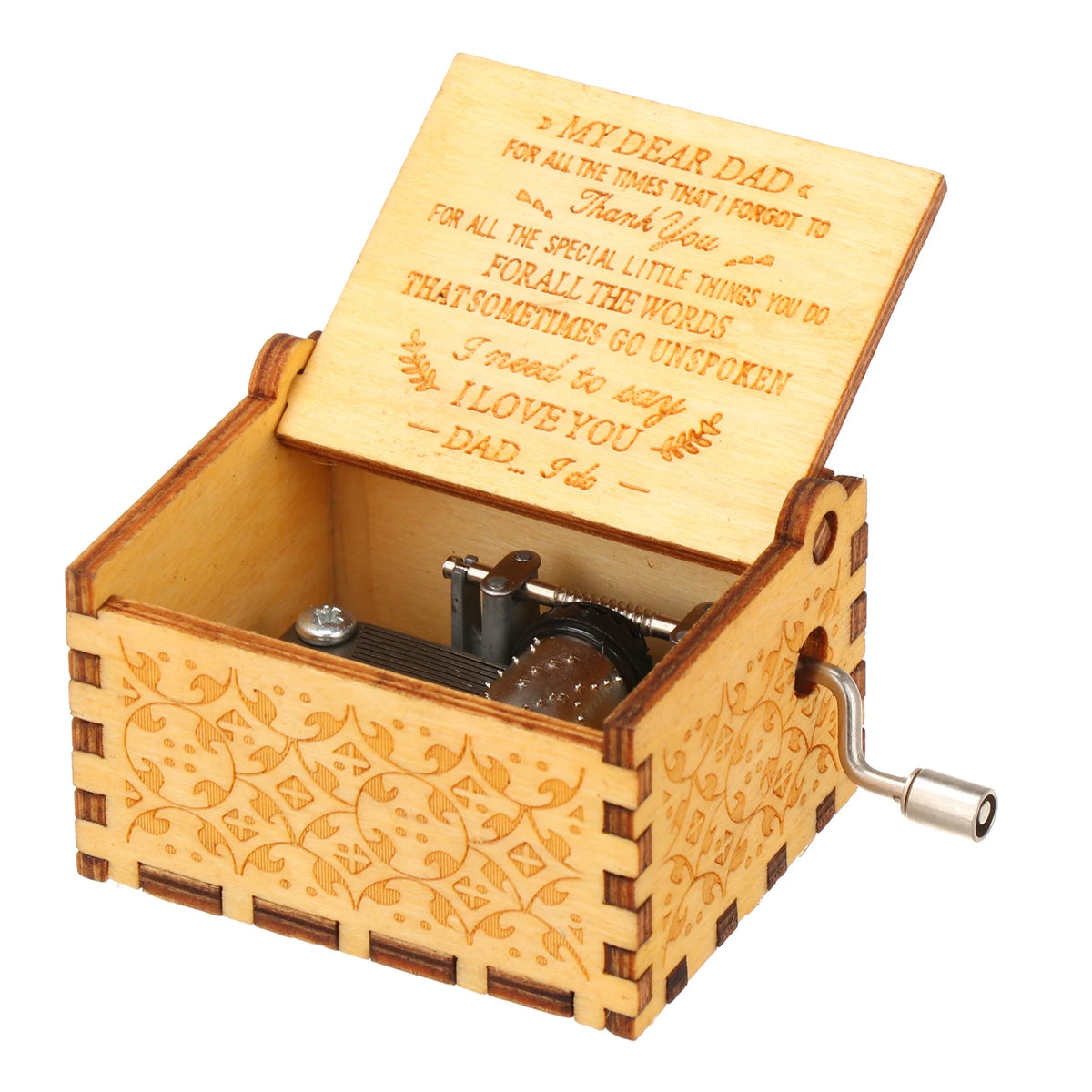A vintage hand-cranked wooden music box with a lid open, featuring a handwritten note inside.