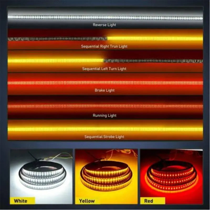 Three rows of LED lights showing white, yellow, and red illumination for a tailgate light bar.