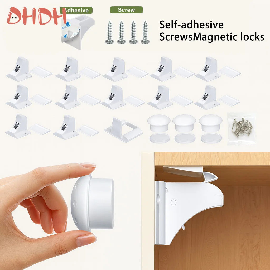 White self-adhesive screws and magnetic locks for cabinet safety