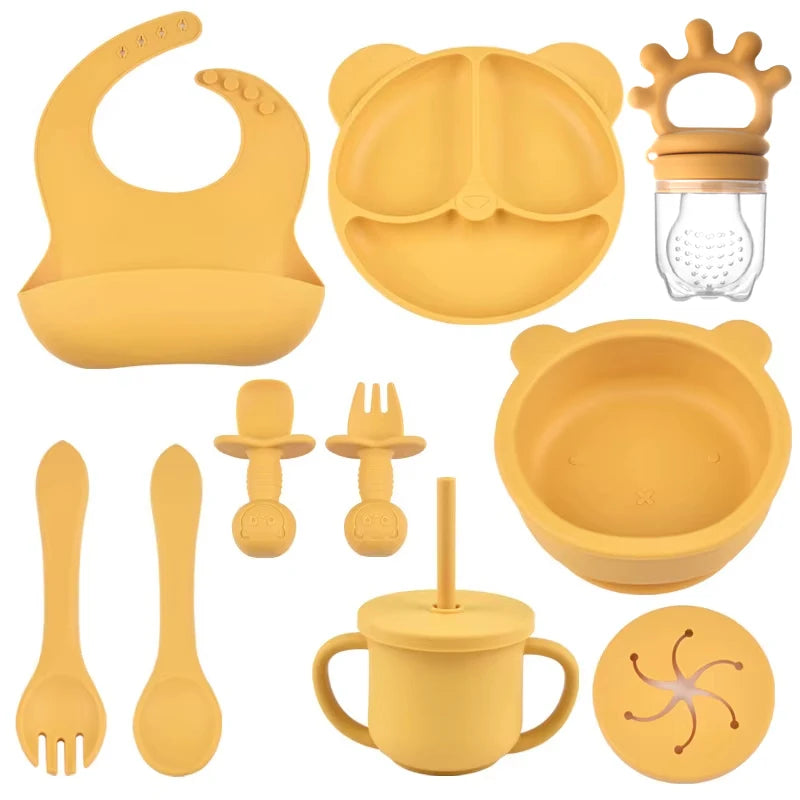 Complete Silicone Baby Feeding Set with Suction Bowl, Plate, Utensils & Bib