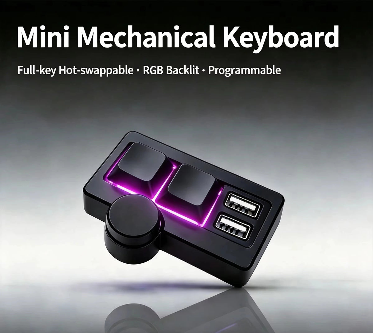 A close-up view of a black mini mechanical keyboard with purple RGB backlighting and a round multimedia knob.
