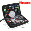 A black portable sewing kit set containing various needles, pins, and other essential sewing tools.