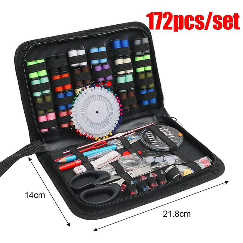 A black portable sewing kit set containing various needles, pins, and other essential sewing tools.