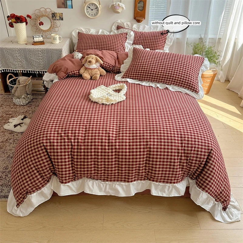 Red and Black Plaid Duvet Cover Set with Lace Embroidery