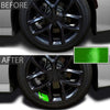 Before and after comparison of a car wheel hub sticker set showing a green reflective finish.