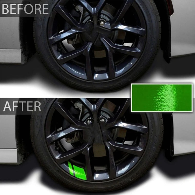 Before and after comparison of a car wheel hub sticker set showing a green reflective finish.