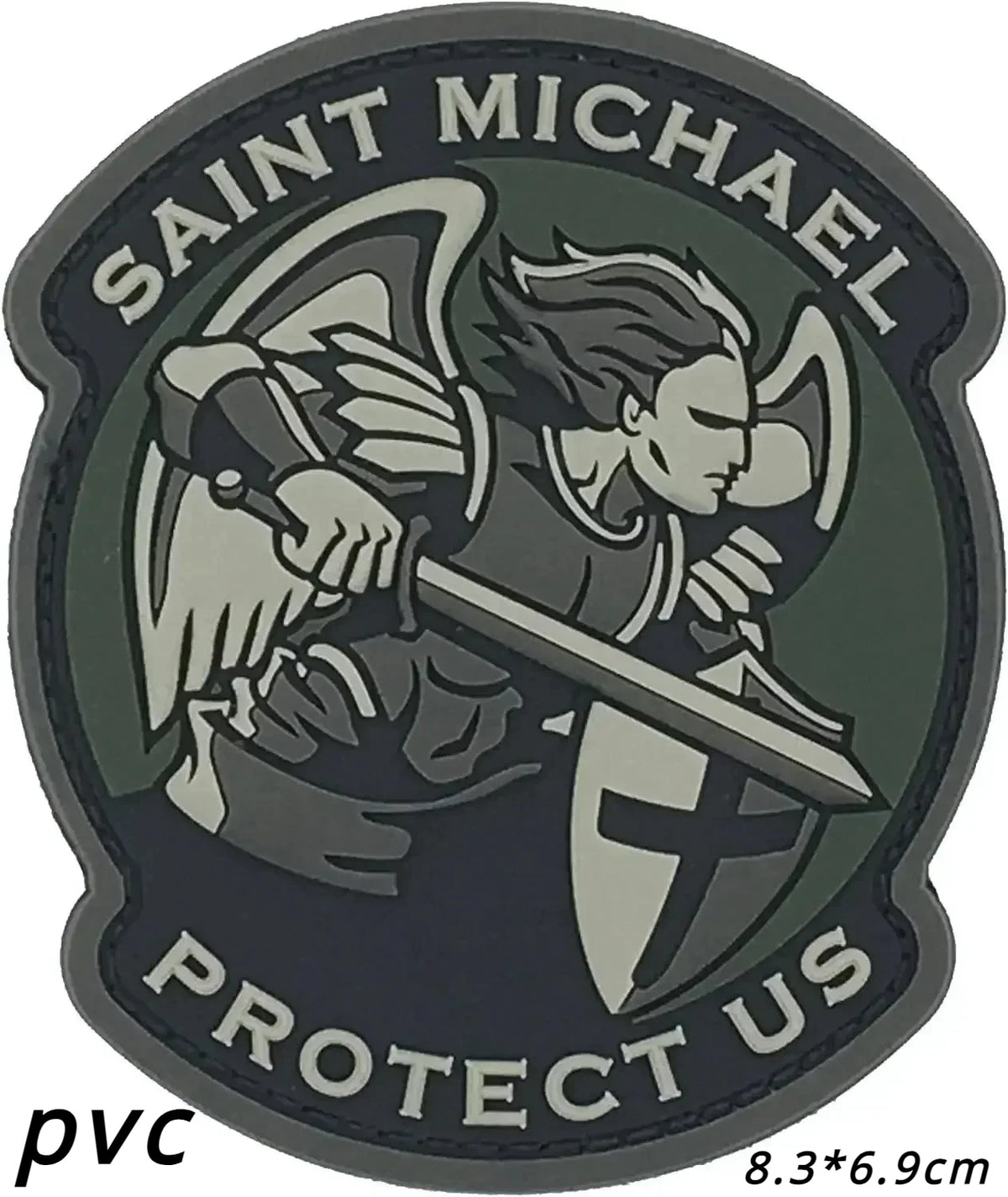 A dark green patch featuring the name Saint Michael and the text Protect Us with an archangel figure.