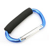 Heavy-duty aluminum stroller hooks featuring a blue grip and black comfort strap.