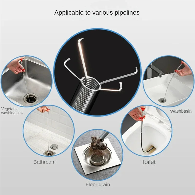A drain unclogging tool with an ergonomic handle is shown being used in various pipelines like a washing sink, bathroom, floo