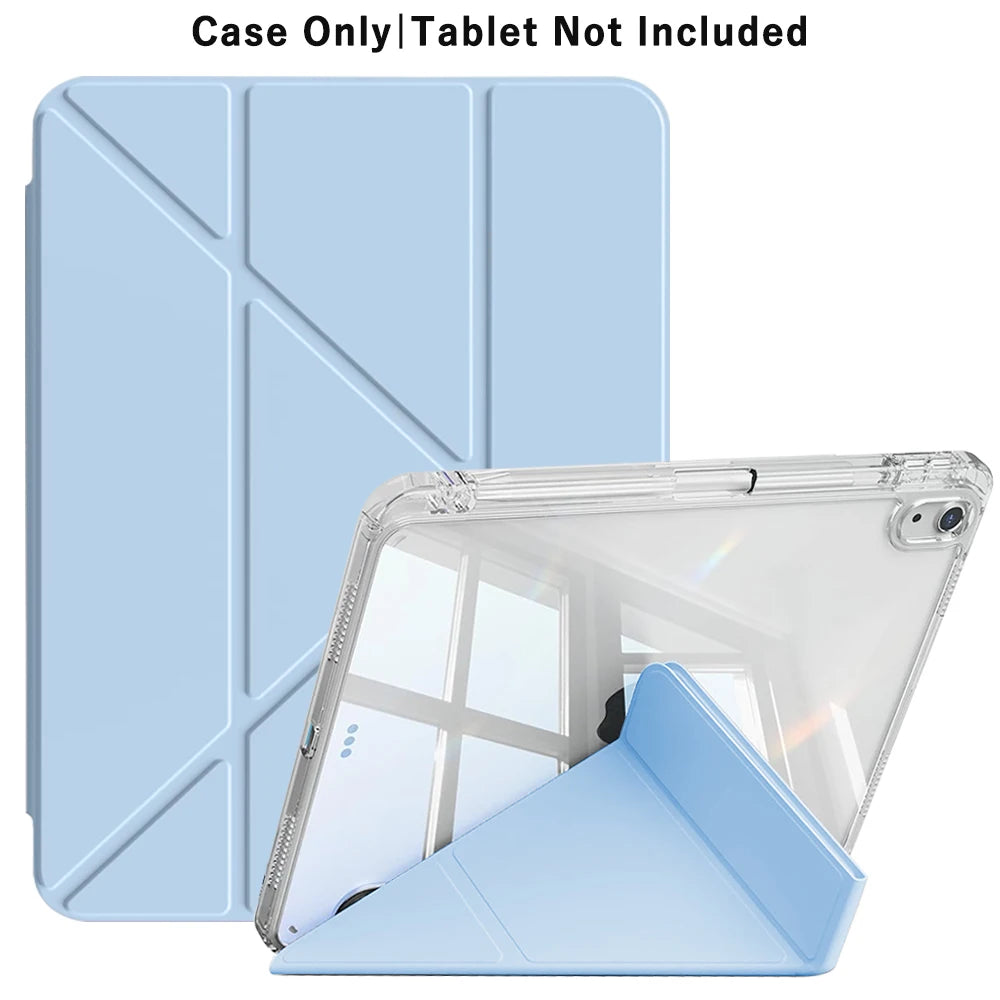 A clear foldable case for an iPad is shown with a matching light blue protective cover.