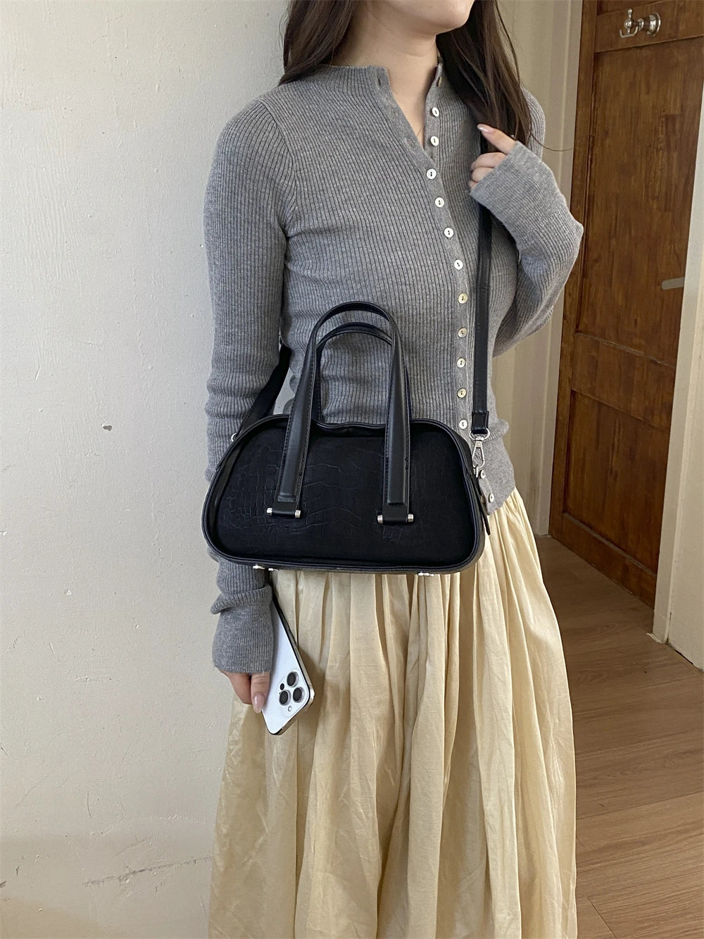 Vintage Croc-Embossed Mini Boston Bag with Dual Straps