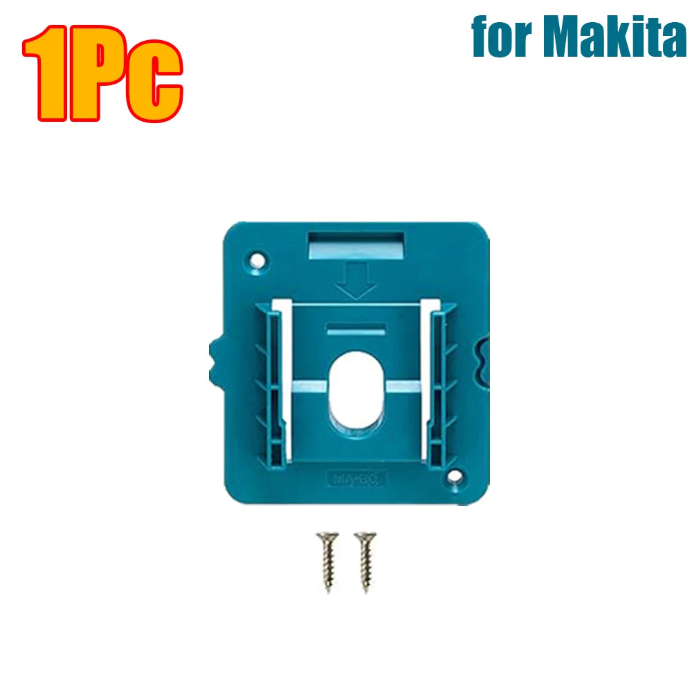 A teal plastic battery holder with a central opening and mounting tabs, shown next to two screws.