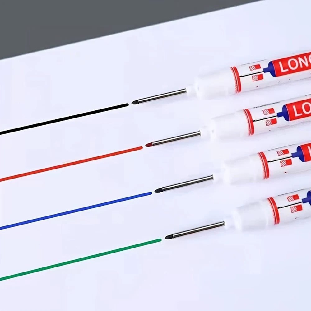 A set of long-nib precision markers in various colors including red, blue, and green, shown against a white background.