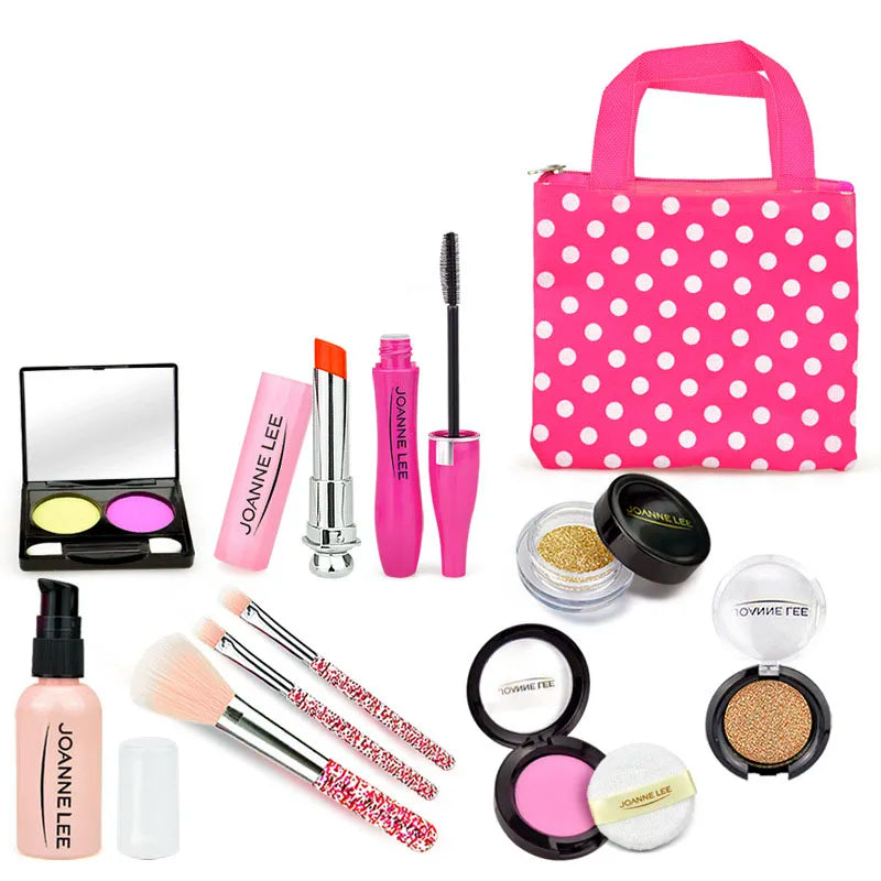 A pink kids pretend play makeup set featuring various cosmetic tools and products.