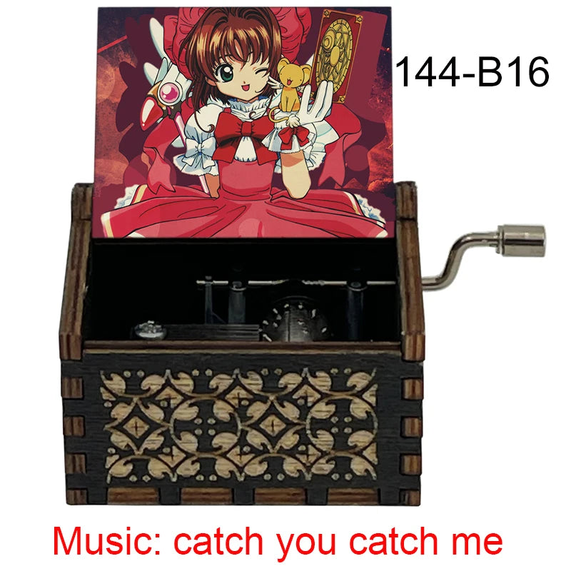 A wooden music box featuring a Cardcaptor Sakura character, with the title 144-B16 and music: catch you catch me.
