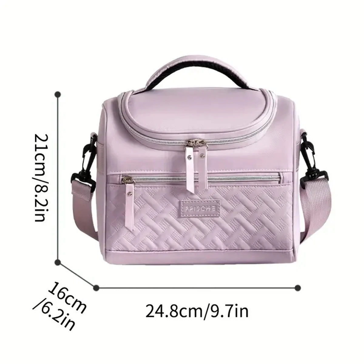 Bolsa térmica para almuerzo de color lila claro con textura acolchada y correa de hombro acolchada.