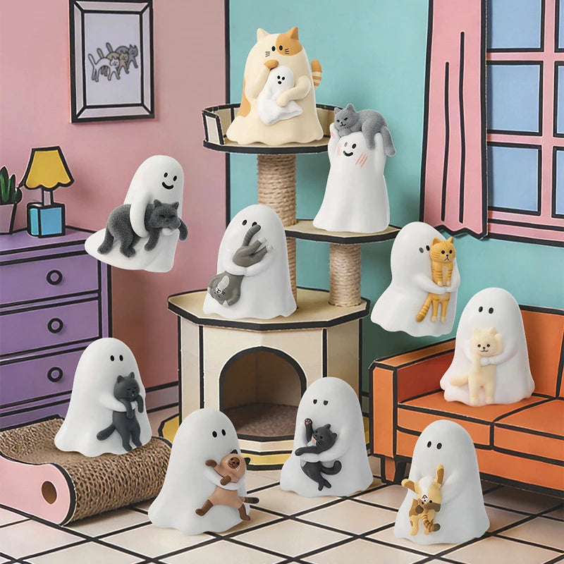 A collection of white ghost-like figurines depicting cats and other animals in various poses displayed on a shelf and surface
