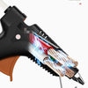 A black hot melt glue gun with a double fuse and insulated casing is shown, demonstrating its anti-leakage safety feature.