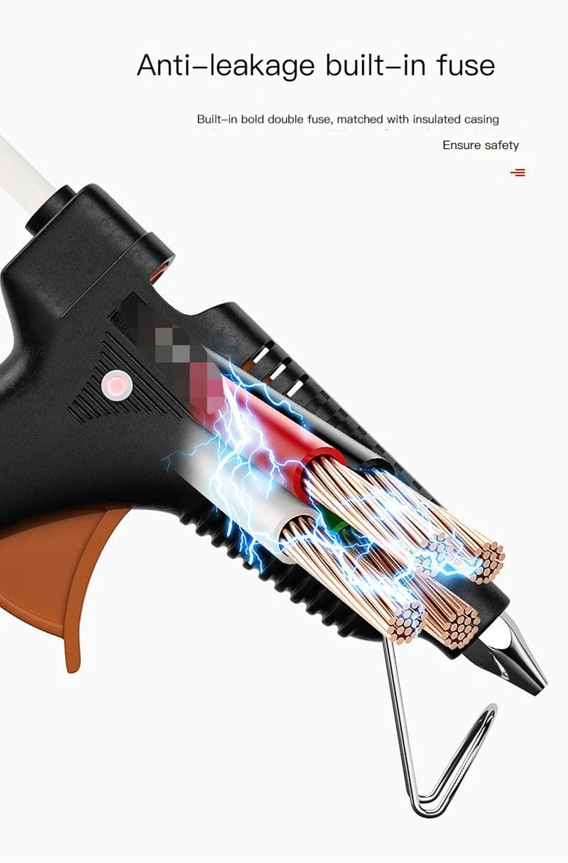 A black hot melt glue gun with a double fuse and insulated casing is shown, demonstrating its anti-leakage safety feature.