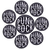 A set of ten black and white punk rock embroidered iron-on patches for clothing and accessories.