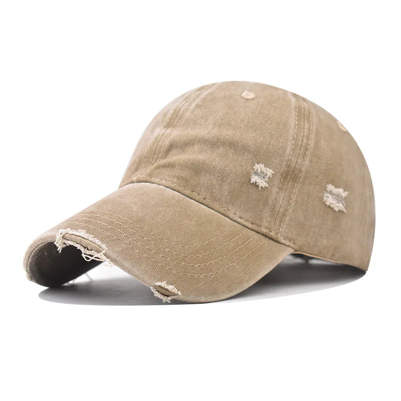 Beige Vintage Wascht-Baumwoll-Baseballkappe von der Seite