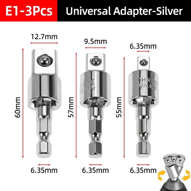 Hex Shank Socket Adapter Set for Power Drills (1/4, 3/8, 1/2 Inch)