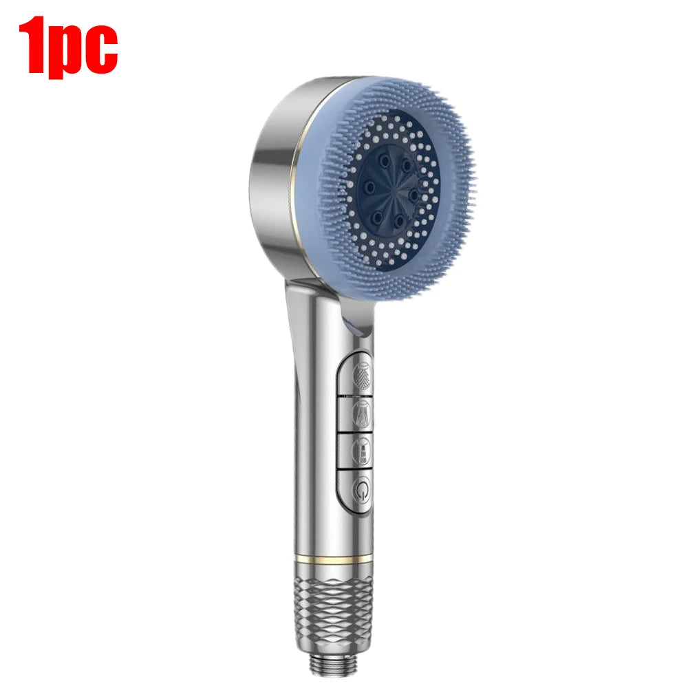A silver handheld shower head with a blue silicone nozzle and control buttons.