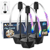 Three portable quiet fly repellent fans with black bases and colorful spinning blades.