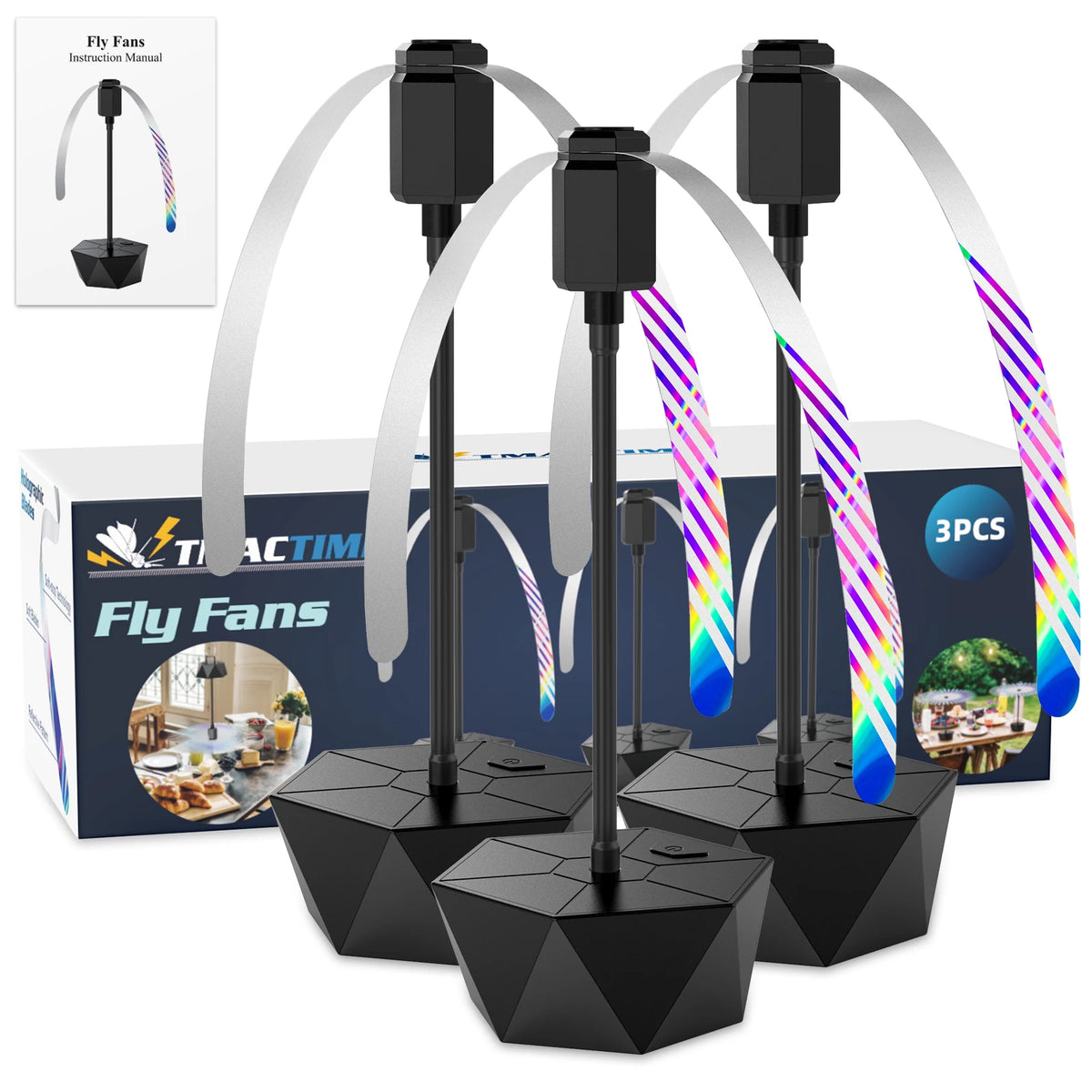 Three portable quiet fly repellent fans with black bases and colorful spinning blades.