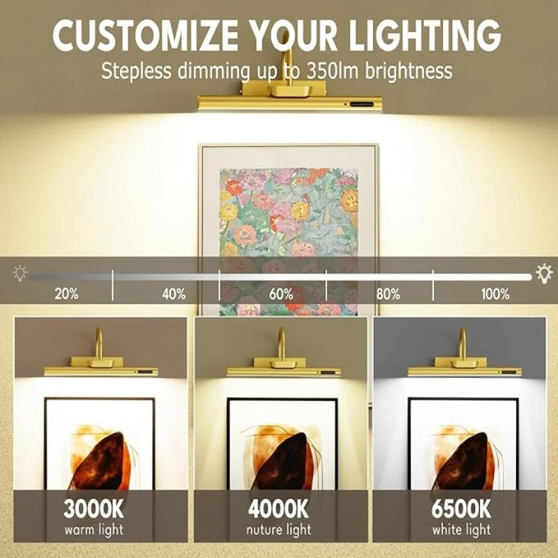 A picture showing customizable lighting options for a picture frame, demonstrating warm light, nature light, and white light.