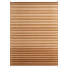 A close-up of a light brown pleated paper window blind with horizontal stripes.