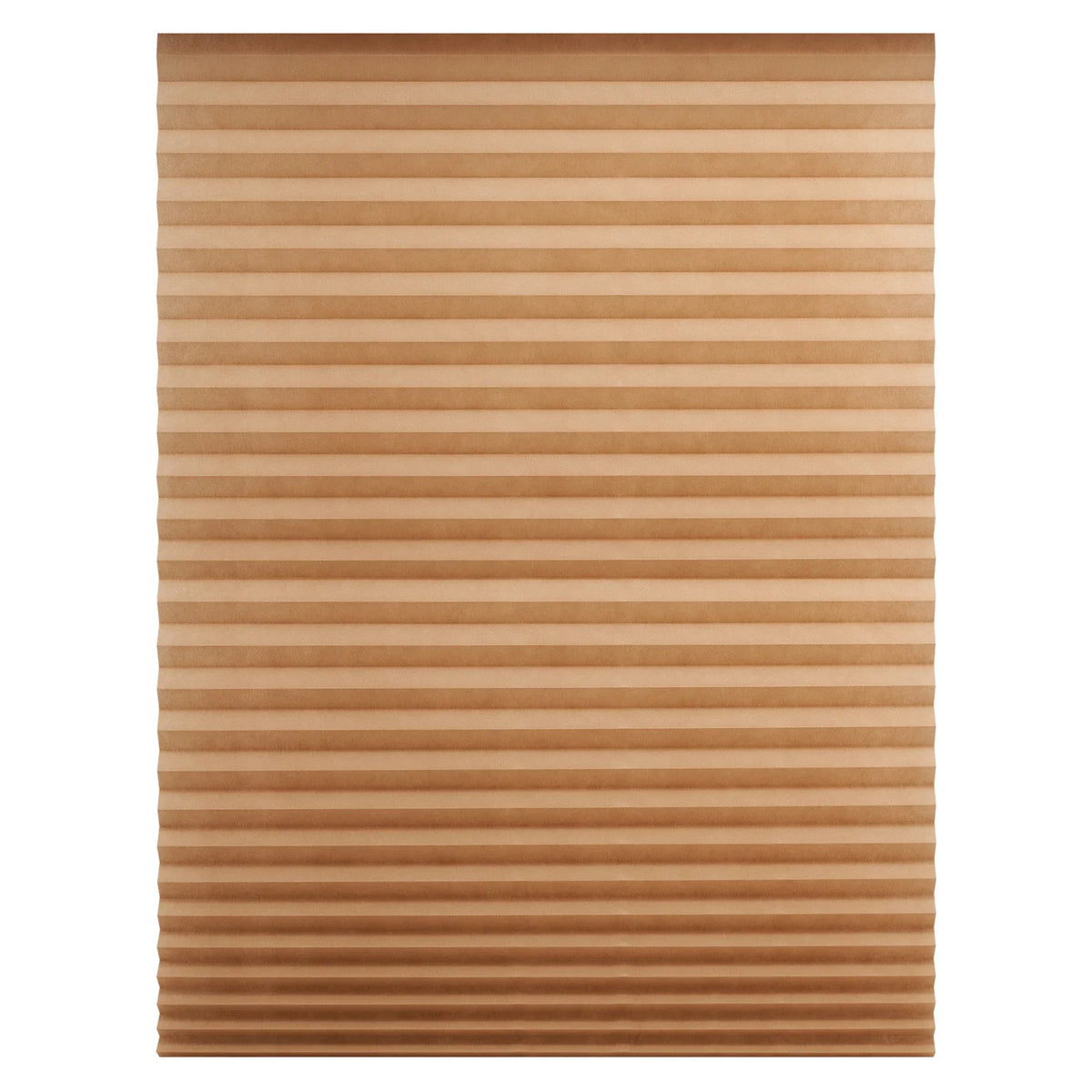 A close-up of a light brown pleated paper window blind with horizontal stripes.
