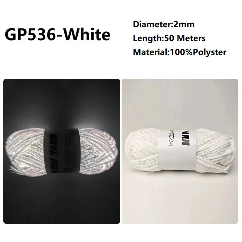 White polyester yarn with a black label showing the product specifications for knitting and crochet