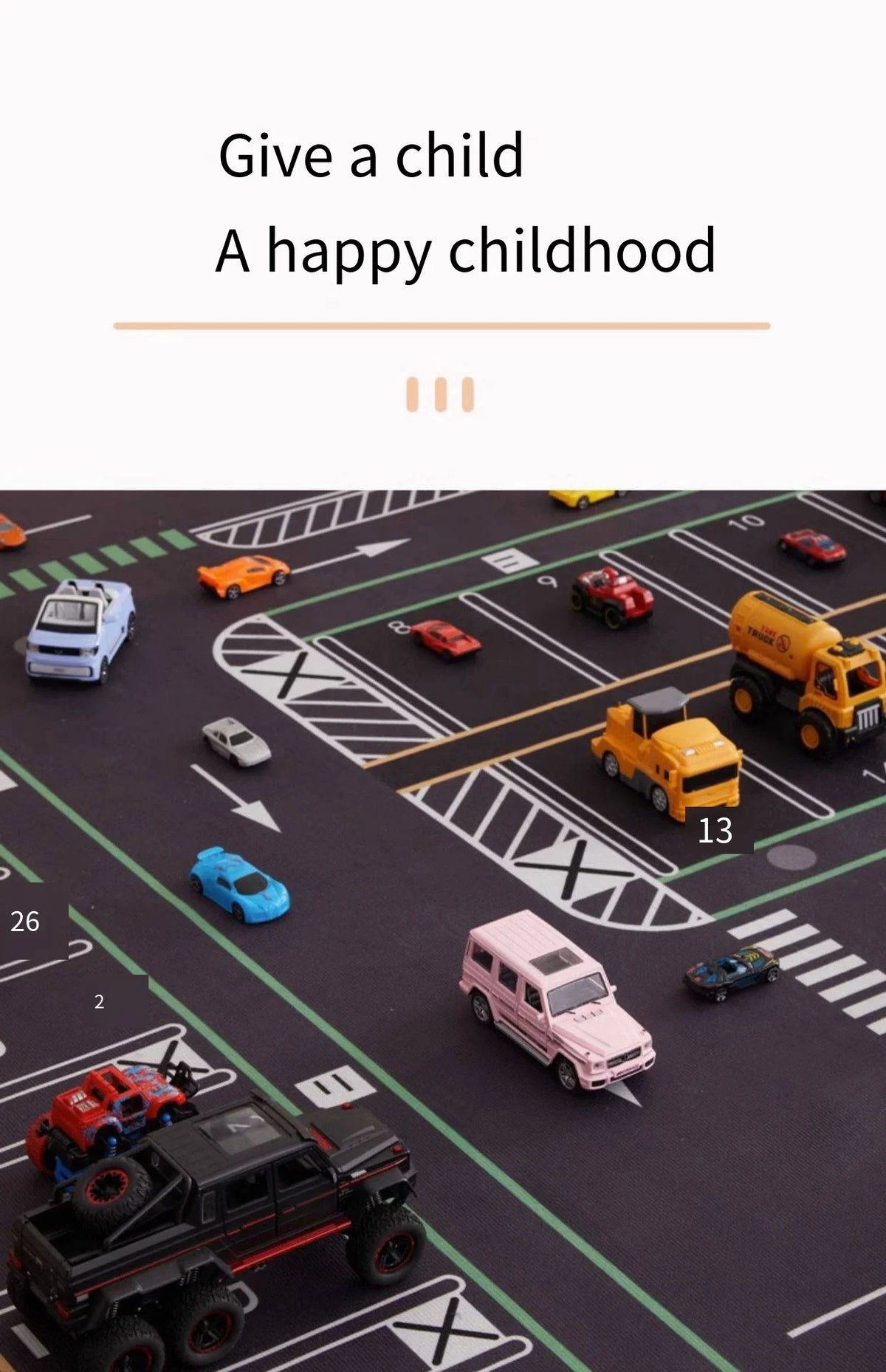 A black and yellow cartoon car traffic play mat with various toy cars on a dark surface.