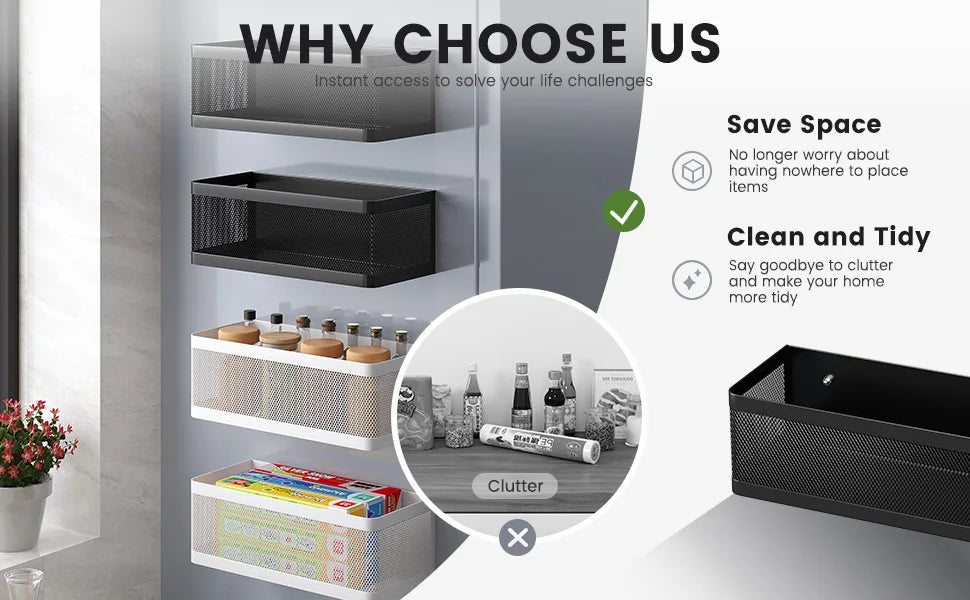 A display of magnetic refrigerator storage racks in black and white, highlighting space-saving and tidy organization.