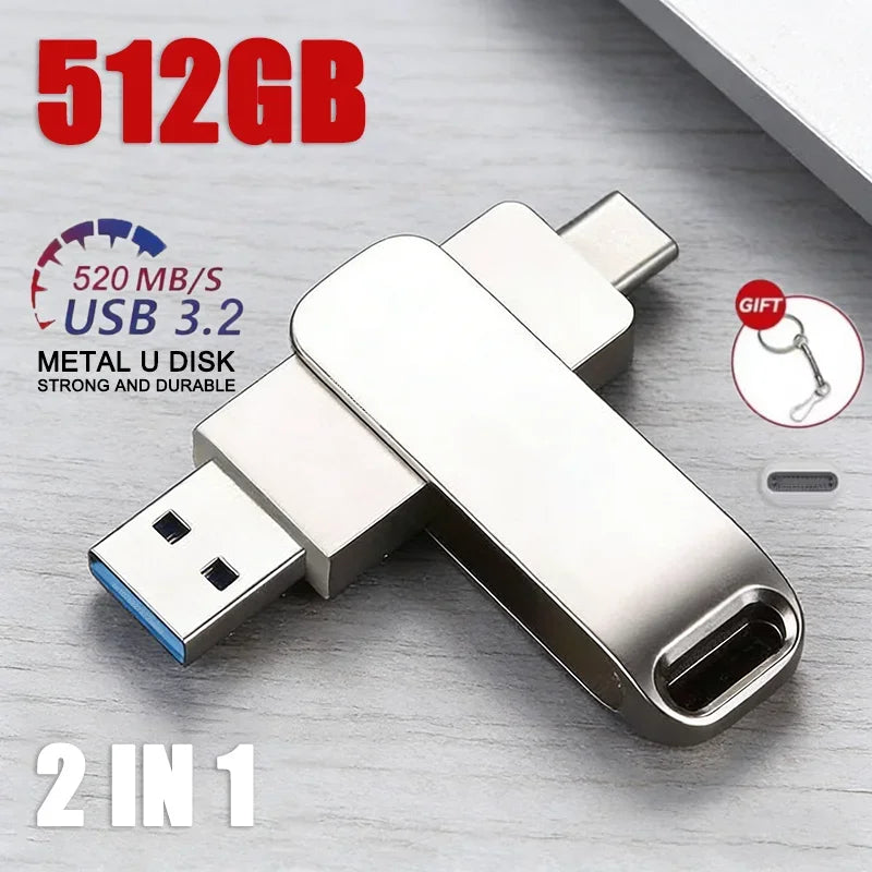 A silver metal U disk flash drive with a Type-C connector is shown on a wooden surface.