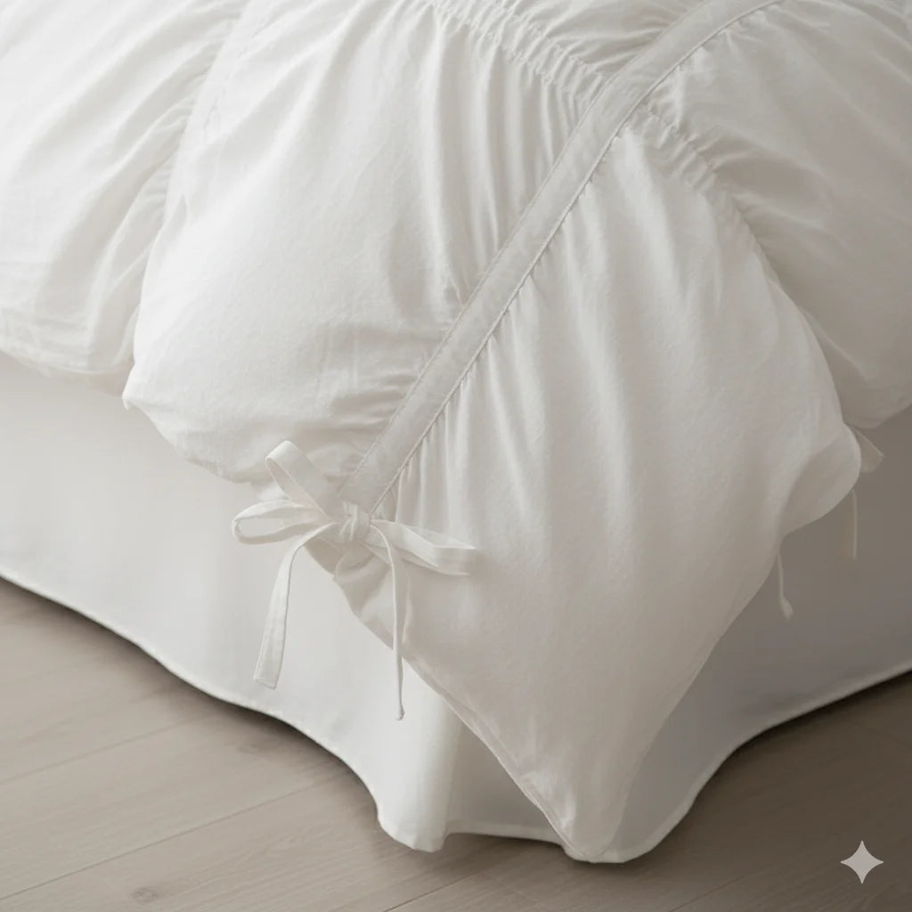 Washed Cotton Ruffle Bedding Set with Bow Ties – Pure White