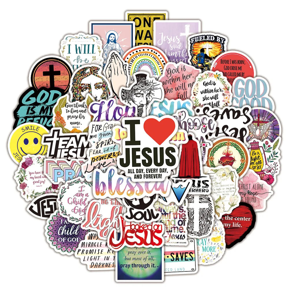 A collection of faith Bible verse stickers featuring various inspirational phrases and symbols.