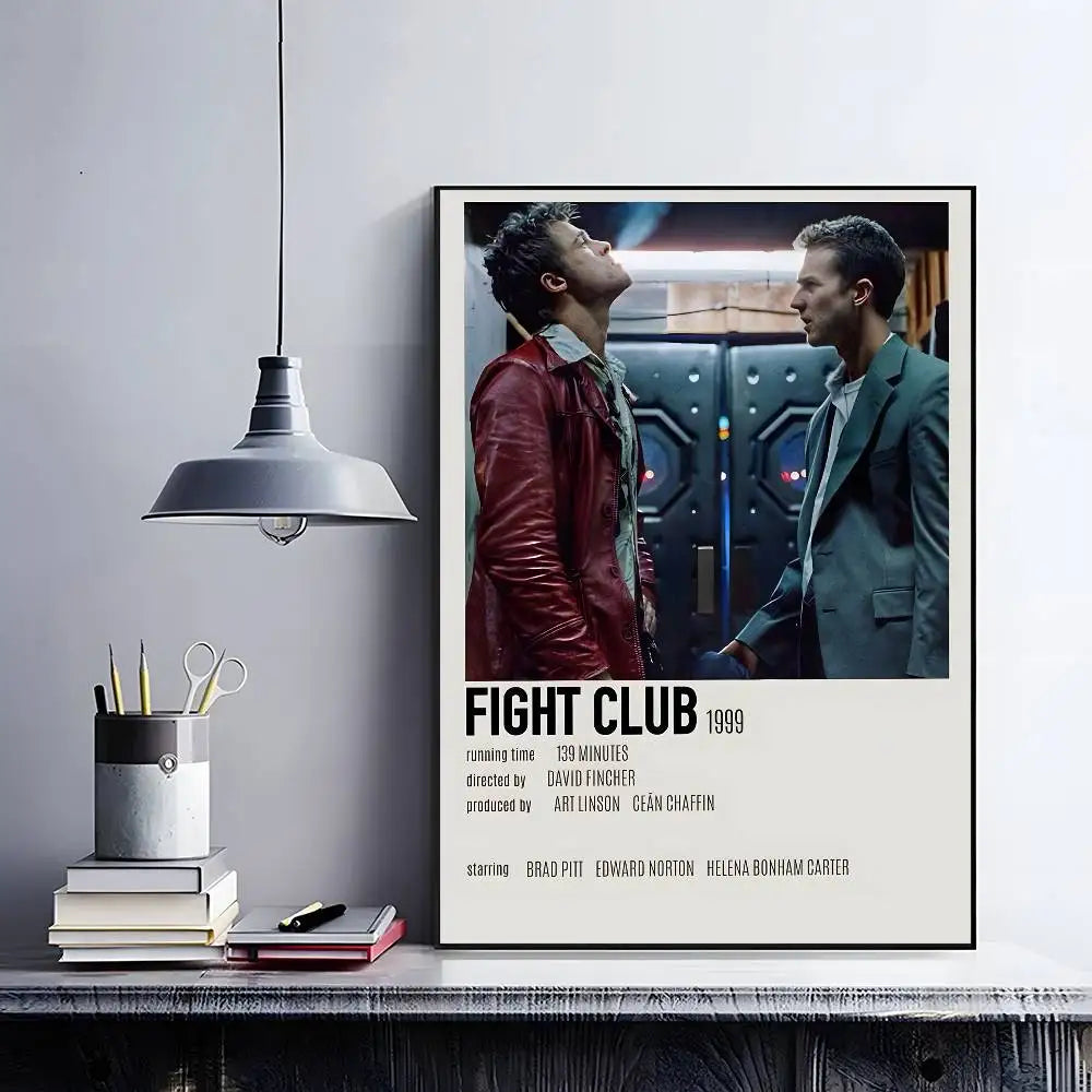 A framed movie poster of Fight Club featuring two men looking upwards against a dark background.